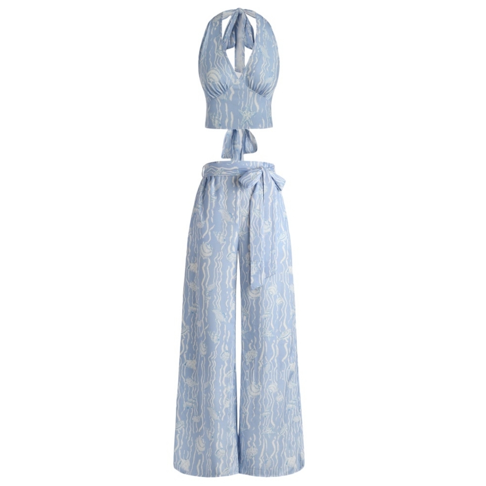 Cider Blue and White Straight Leg Jumpsuit
